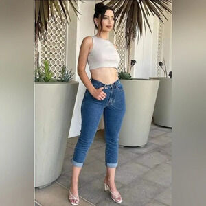 Dark Washed Mom Jeans With Rolled Up Denim